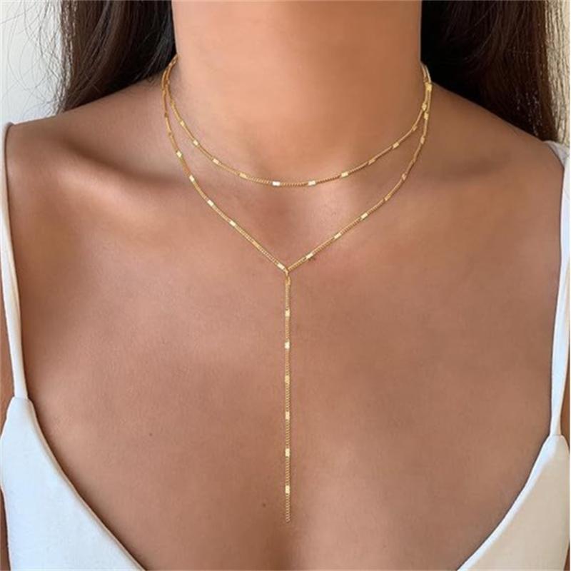 New Elegant Gold Color Y Shaped Tassel Layered Necklace for Women Simple Metal Geometric Bead Chain Choker Fashion Jewelry Gift