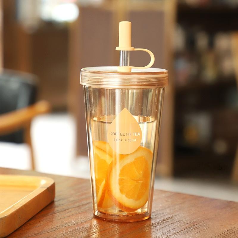 Double Layer Straw Milk Tea Cup With Lid Portable Water Mug Fruit Tea Cup Small Creative Plastic Cup For Summer Gift Water Cup