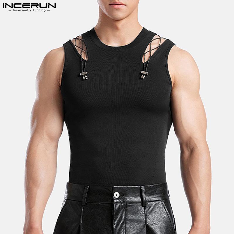 INCERUN Summer Men Sleeveless Tank Tops Hollow Thin Slim T-shirts