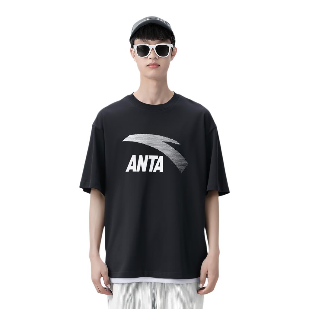 Anta Knitted Pullover Comfortable Casual Round Neck Short Sleeve T-Shirt Men Tops Basic-Black Silver 952428112-5