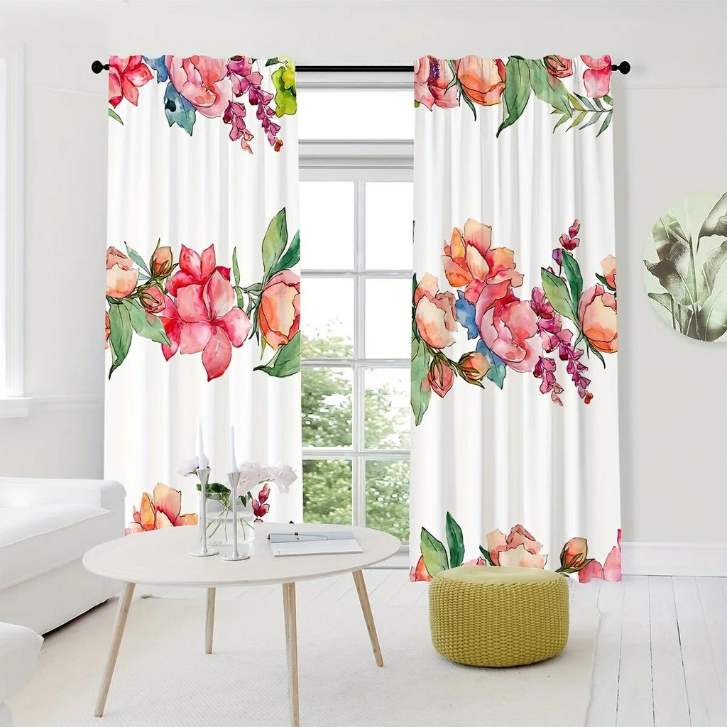 2pcs Wild Flowers Peonies With Watercolor Style Printed Curtains Rod Pocket Curtain  For Living Room Bedroom Windows Home Decor