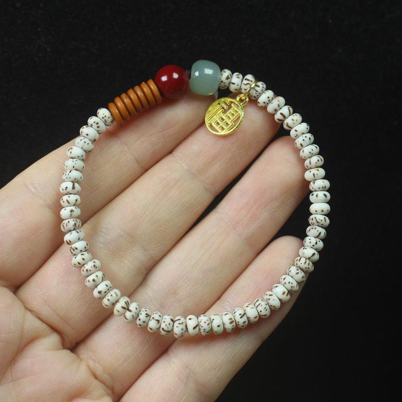

Lotus Seed Bead Single Loop Bracelet with Fortune Pendant, Chinese Style Vintage Wrist Jewelry for Men and Women