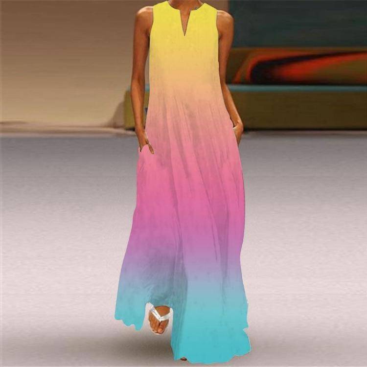 New Spring Summer Women Long Skirt Dress European American Fashion Print Pocket Design