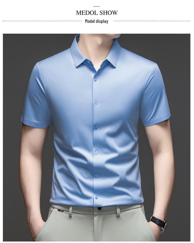 Pánská letní bezešvá košile s krátkým rukávem z ledového hedvábí - Prodyšná, jednobarevná, Business Casual, s krátkým rukávem.