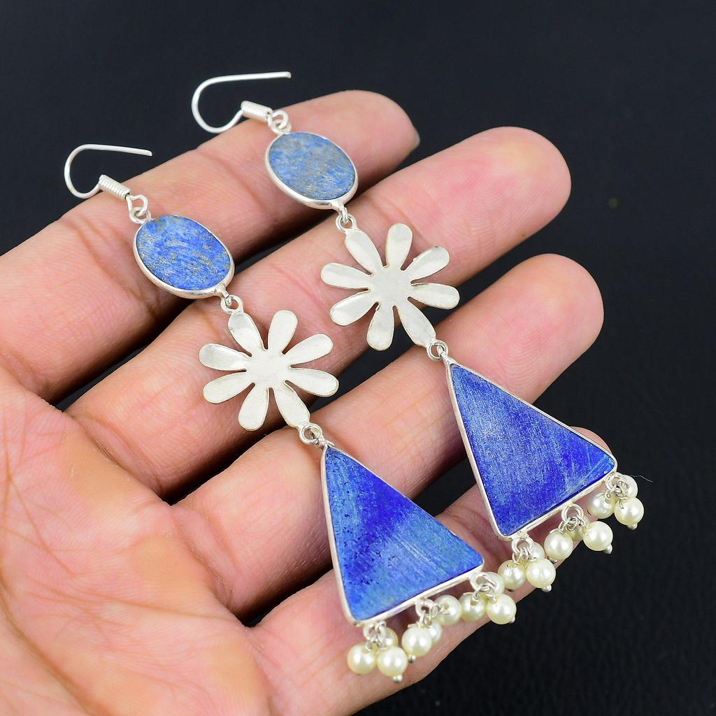 Daughters Day Sale Sterling Silver Lapis Lazuli Gemstone Dangle Earrings Jewelry