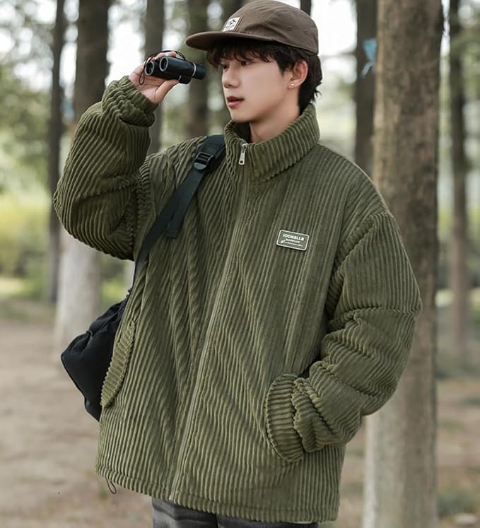Poperdision Winter Corduroy Plus Loose Solid Stylish Outerwear for and Simple Fashionable Army Green Men's Jacket, Size, Fit, Color, Padded, Thick,
