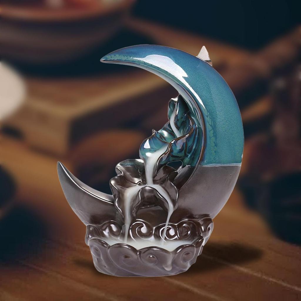 Ceramic Moon Backflow Incense Holder Handicraft Multipurpose Decoration 6.3inch Tall for Living Room