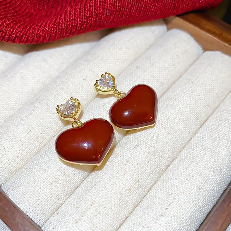 2024 Exquisite High-End Retro Silver Needle Red Heart Flower Earrings for Women