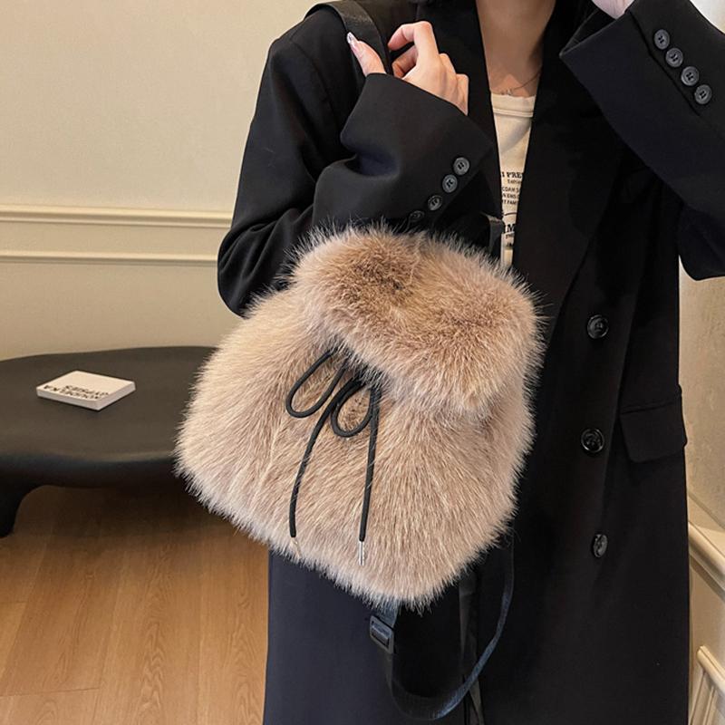 Yogodlns Plush Backpack Women Small Cute Drawstring Fluffy Bag Solid Color Soft Knapsack Winter Warm Faux Fur Shoulder Backpack