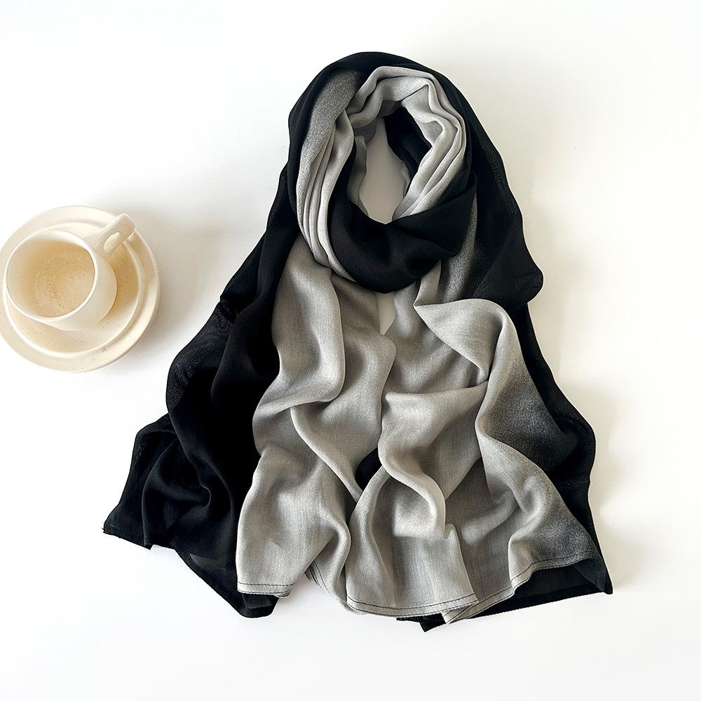 New Retro Cotton and Linen Scarf Rainbow Color Gradual Change Scarf Solid Color Silk Scarf Shawl Women's Versatile Pleated Silk Scarf