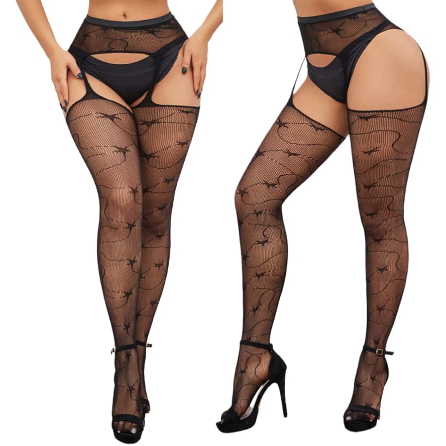 Plus Size High Waist Suspender Garter Belt Fishnet Thigh Stockings Pantyhose Open Crotchless Sexy Body Suit Tights For Woman Xxl