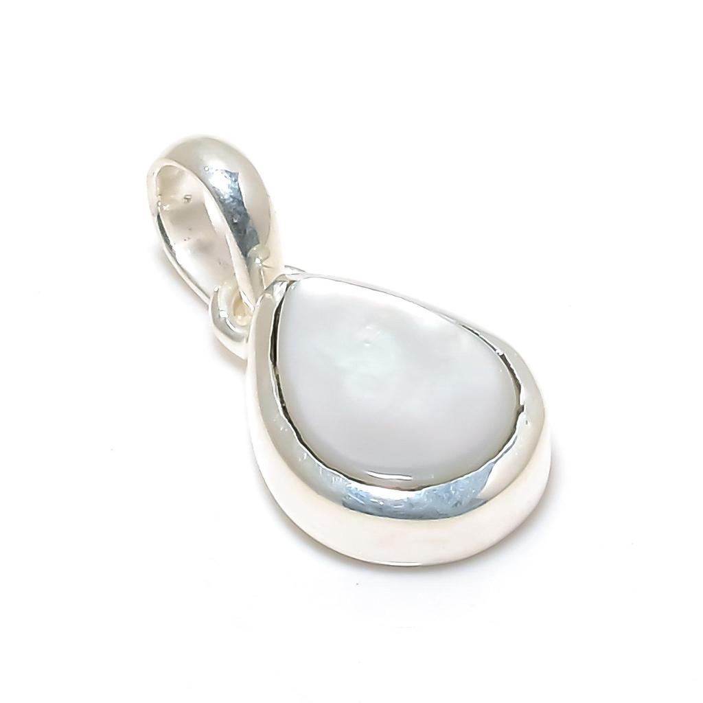 Natural Mother Of Pearl Gemstone Silver Pendant In 925 Sterling Silver - Handmade Pear Design, Everyday Wear Minimalist Jewelry Gift For Wife