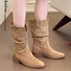 Soft Leather Version~ Western Cowboy Boots Straight Pleated Piled Boots Women's Thick Heel Thin Retro Suede Inner Short Boots