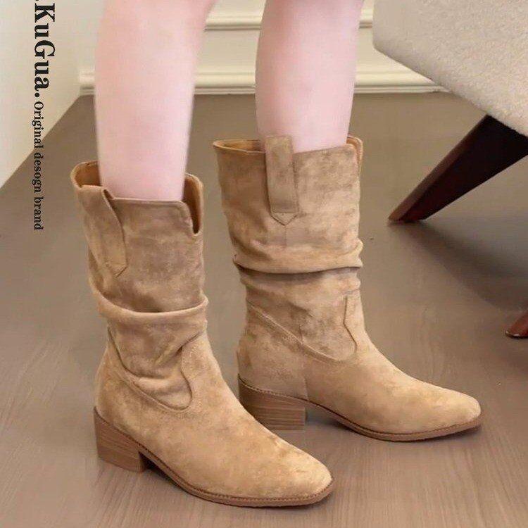 Soft Leather Version~ Western Cowboy Boots Straight Pleated Piled Boots Women's Thick Heel Thin Retro Suede Inner Short Boots