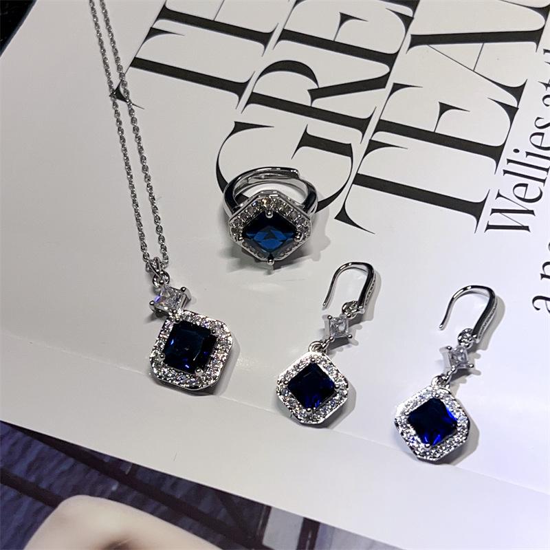 Blue Zirconia Geometric Square Jewelry Set: Earrings, Necklace & Ring - Korean Fashion, French Retro High-End Style