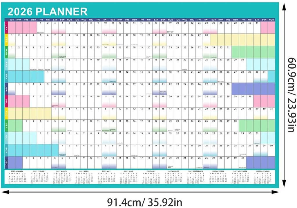 2026 Erasable and Reusable Large-size Vertical Wall-mounted Monthly Plan Calendar Office Family Annual Plan Notepad Color with 4 Wiping Pens and 1 S