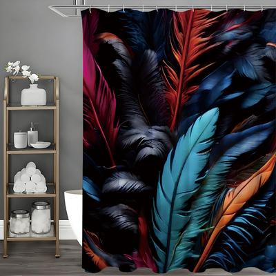 Colorful Feather Shower Curtain On Black Background, Bathroom Decorative Shower Curtain, Waterproof Shower Curtain with Hooks