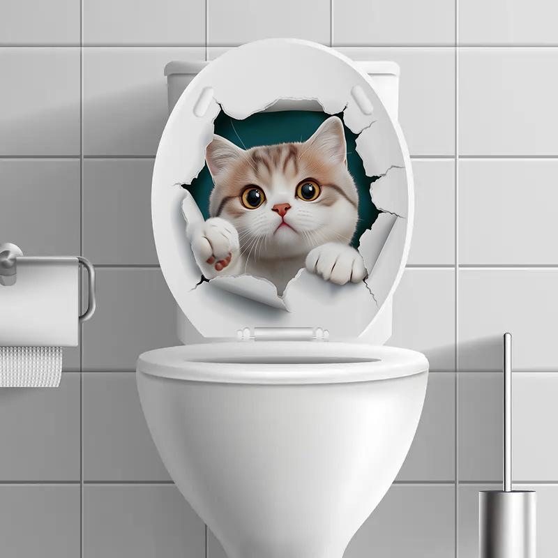 3D Cute Cartoon Cat Breaking Through Wall Toilet Sticker Self-Adhesive Waterproof Removable Bathroom Home Decor Art