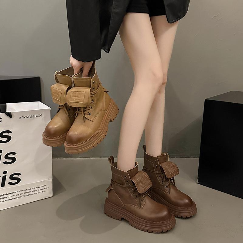 Thick-soled Martin Boots Short Leather Boots Women's 2024 New Polished Retro Small Height-increasing Short Autumn and Winter Rhubarb Boots