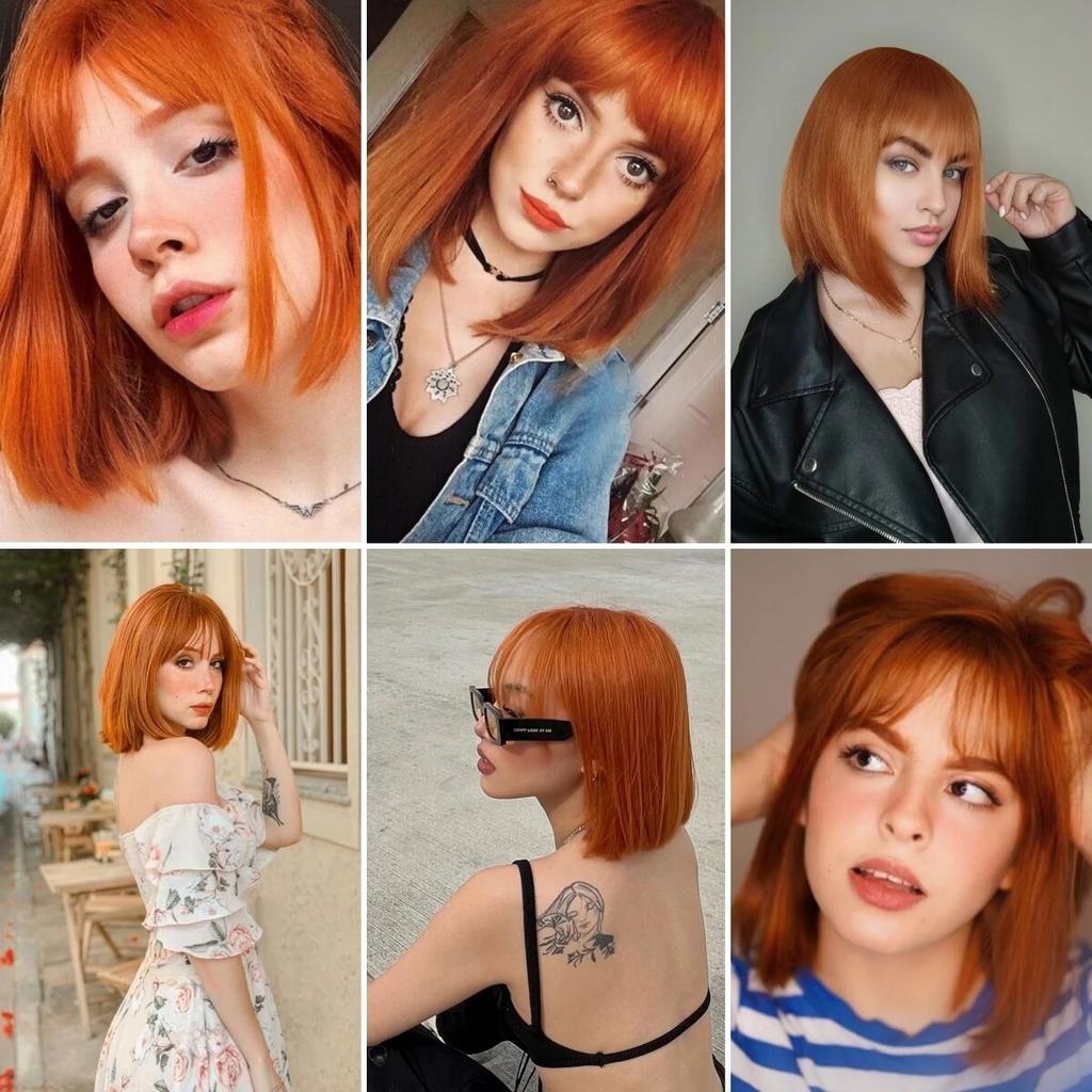 Short Orange Straight Bob Hair Synthetic Wigs with Bangs Orange Colorful Cosplay Party Wig for Women Heat Resistant Fiber Daily