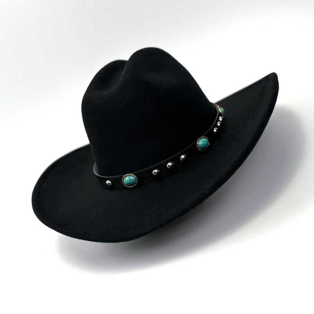 New Western Cowboy Hat, Black Woolen Jazz Top Hat, Four Seasons Men'S And Women'S Turquoise Crimped Felt Hat