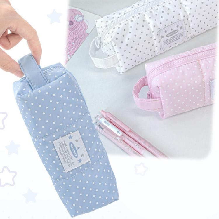 Dotted Print Pencil Bag High Capacity Cloth Pencil Case Multi Compartments Zippered Pen Storage Bag for Student Teen