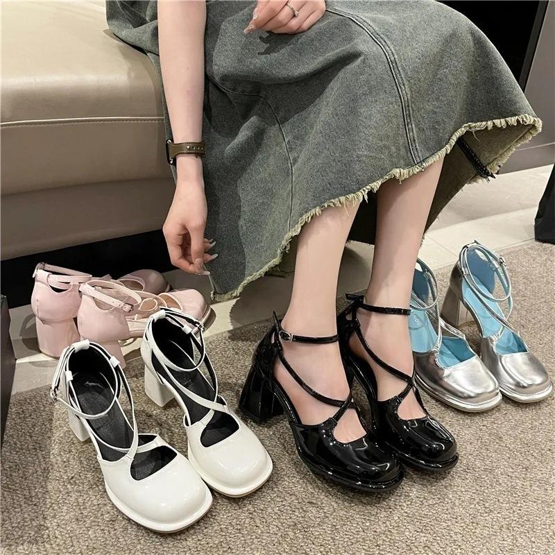 Fashion Buckle Strap Cross Low Sandals Woman Leather Suit Female Beige High Heels 2025 Summer  Shoes Low-heeled Black Comfort Hig