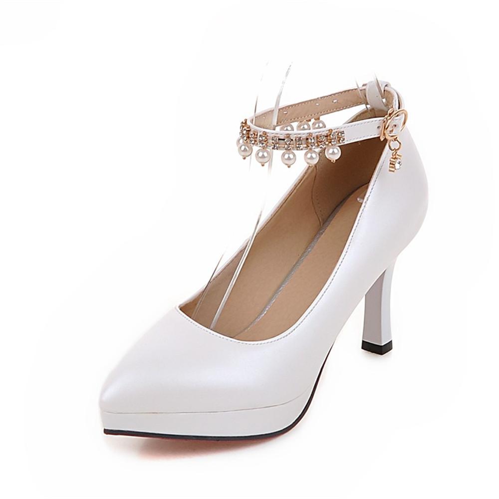Fashion Women Pointed Heels Female Beaded Ankle Strap High Heel Shoes Platform Bottom Pumps Woman White Dress Wedding Shoes Size 33-43