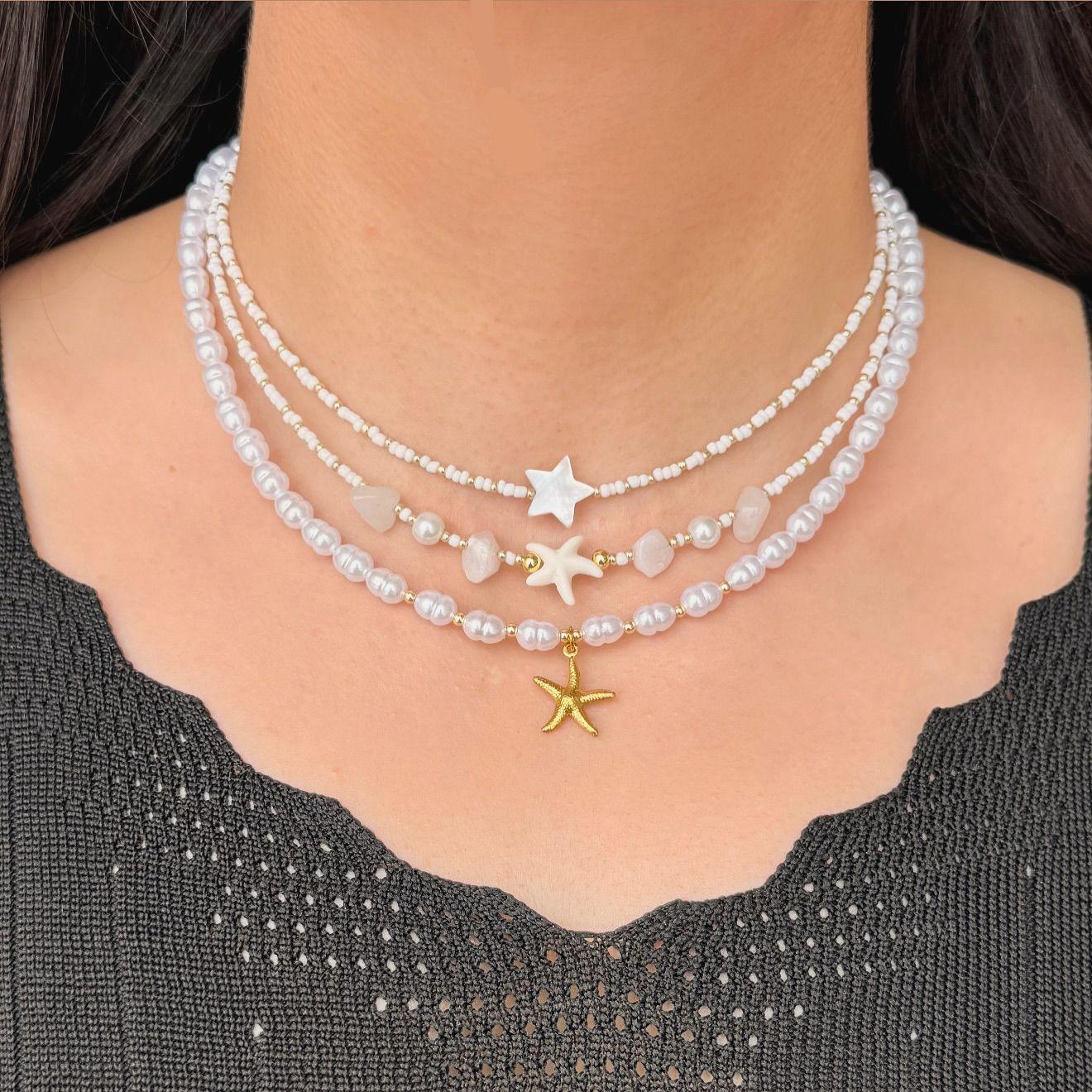 

Resort style necklace, European and American niche light luxury accessories, rice Zhu starry pearl sweater chain