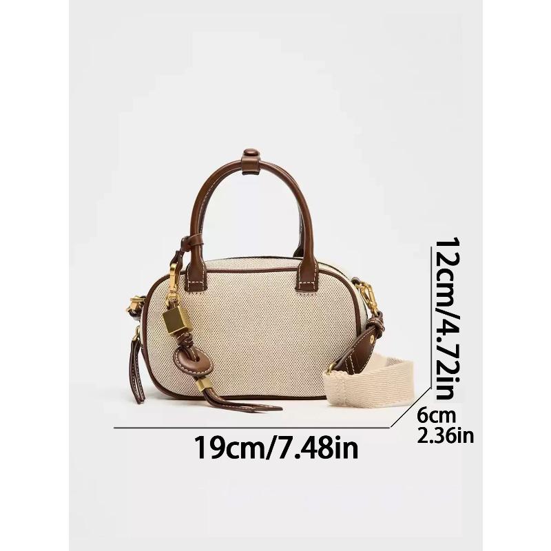 2026 New niche retro color-blocking hand-held small bag, stylish crossbody canvas PU small square bag, single-shoulder bowling b