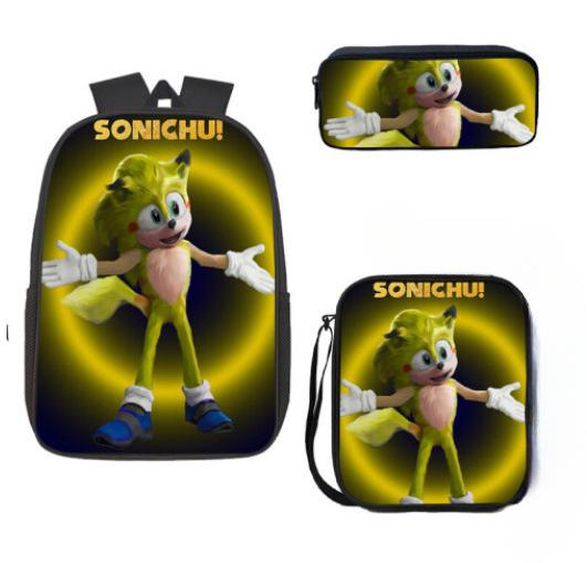 Cartoon Sonic Backpack, Primary And Secondary School Schoolbag, Messenger Bag, Pencil Case Three-Piece Set