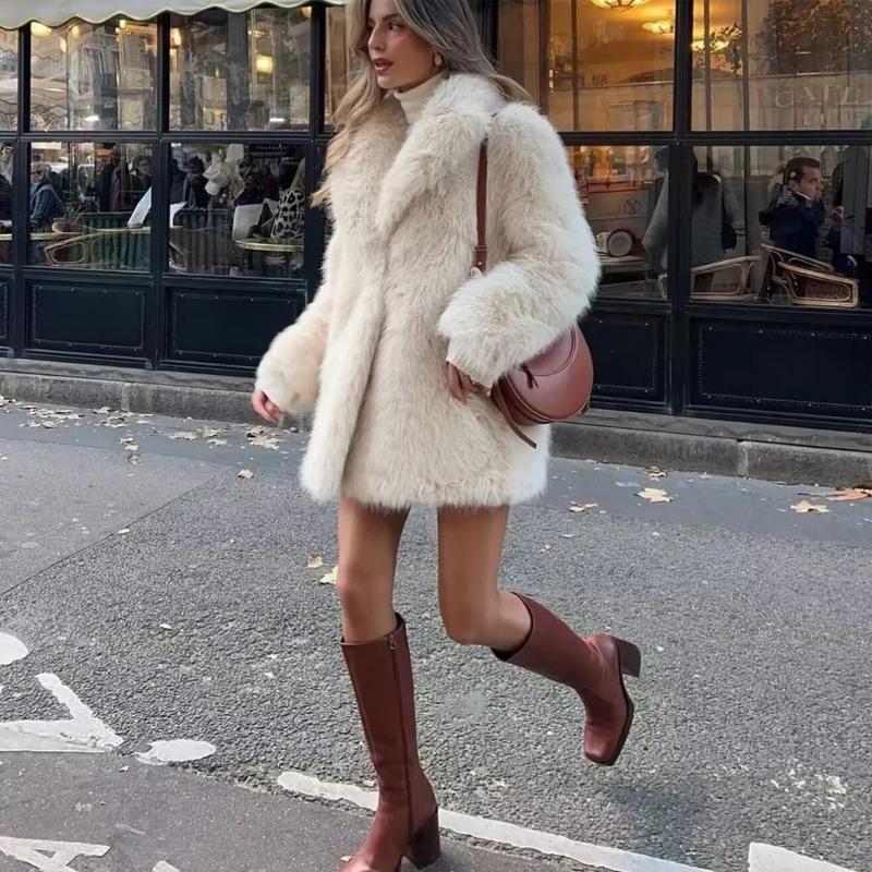 24 Fall and Winter New Women's Clothing Lapel Long Sleeves Mink-like Faux Fur Effect Coat Outwear 6318258