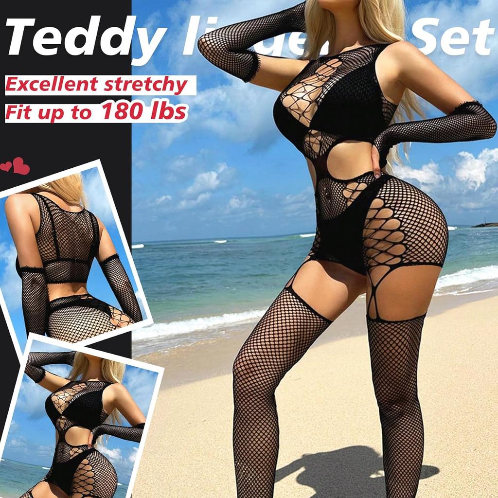 Sexy Lingerie for Women Naughty Fishnet Lingerie Set Bodysuit Outfits Teddy Sheer Mesh Erotic