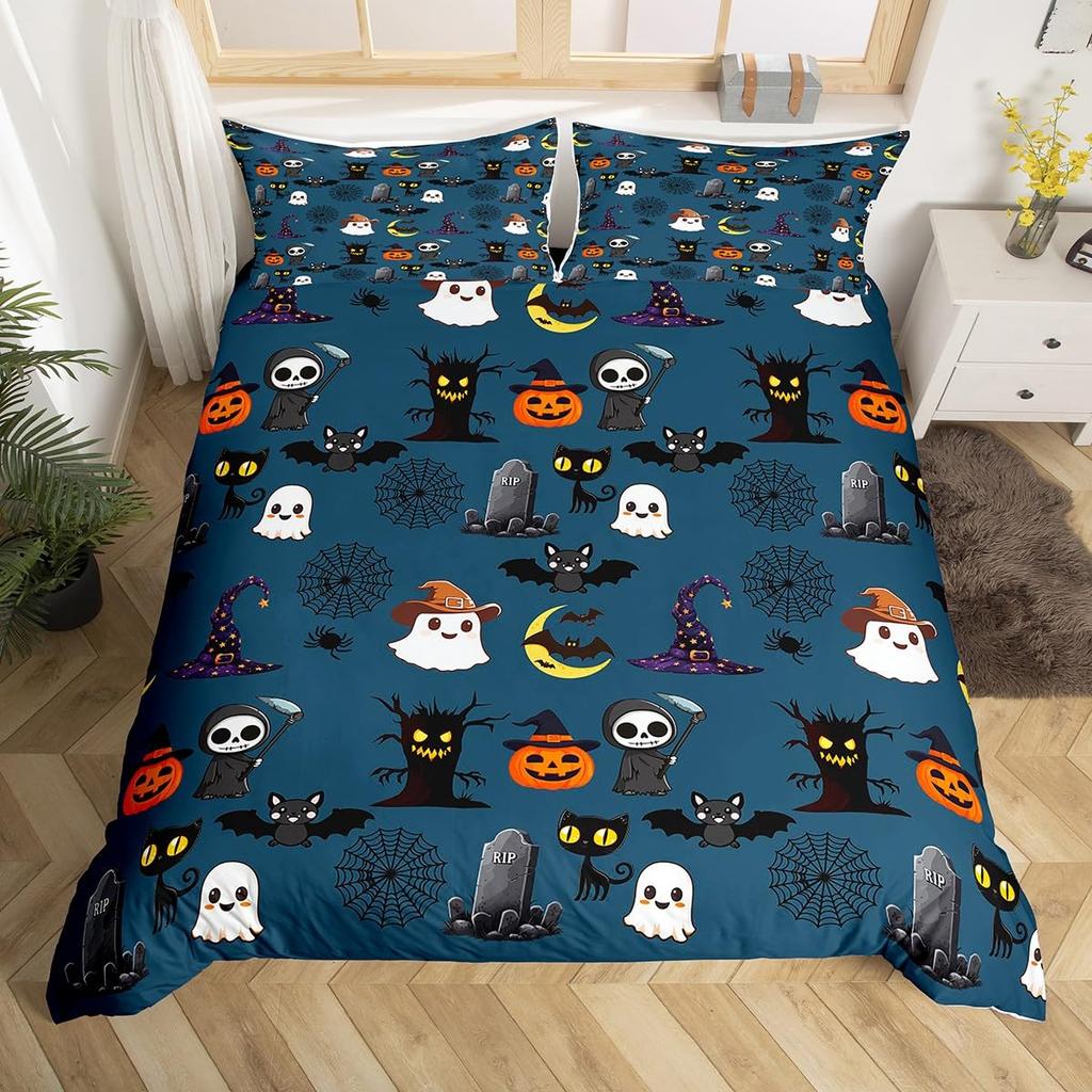 Comforter Happy Halloween Ghost Full Bedding Set For Boys Girl Spider Bat Black Cat Print Comforter Trick Or Treat Theme