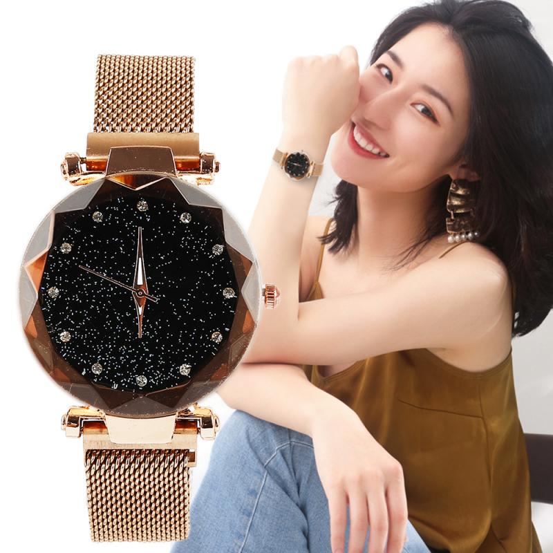 Ladies' Top Brand Star Watch Mesh Magnet Starry Sky Quartz Watch Ladies Magnet Strap Watch Round Dial Magnet Strap Buckle Watch