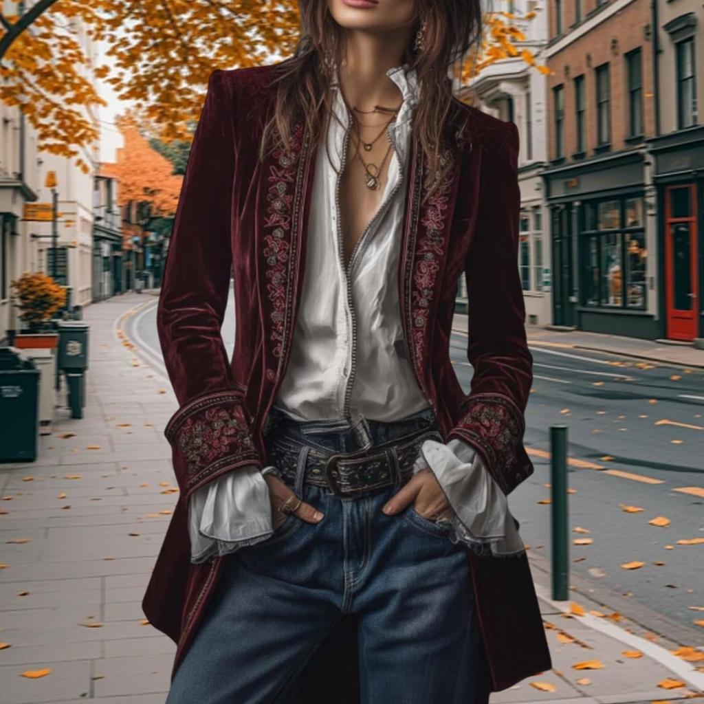 Women's Velvet Vintage Long-sleeved Cardigan with A Casual Opening and Mid-length Coat
