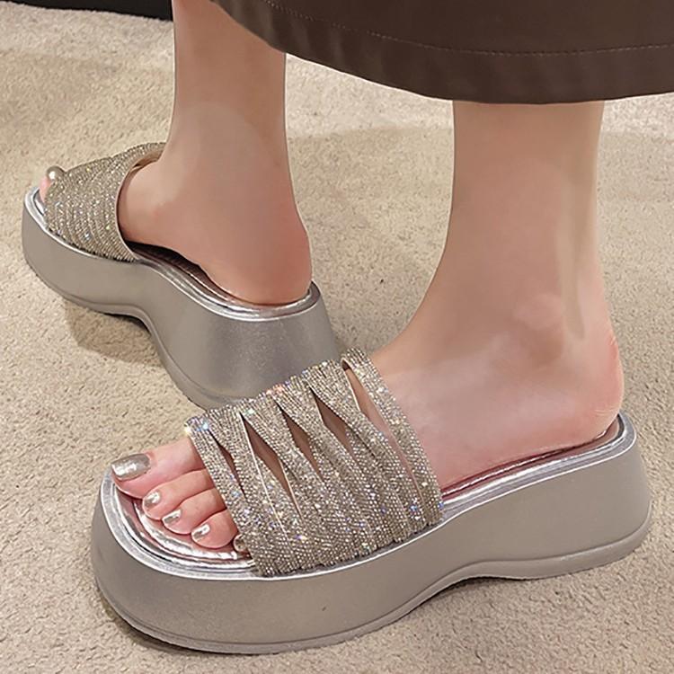One-word cool slippers women's 2025 summer platform cross comfortable casual rhinestone fashion with skirt sandals