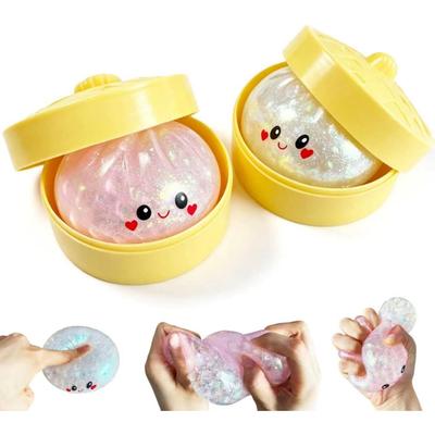 Glitter Dumpling Squishy Toy with Steamer Basket, Cute Soft Squeeze Sensory Fidget Toy for Kids Teens and Adults