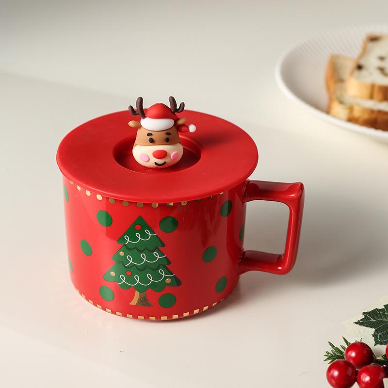 Cute Elk Christmas Ceramic Mug Set with Lid & Spoon - Perfect Holiday Gift