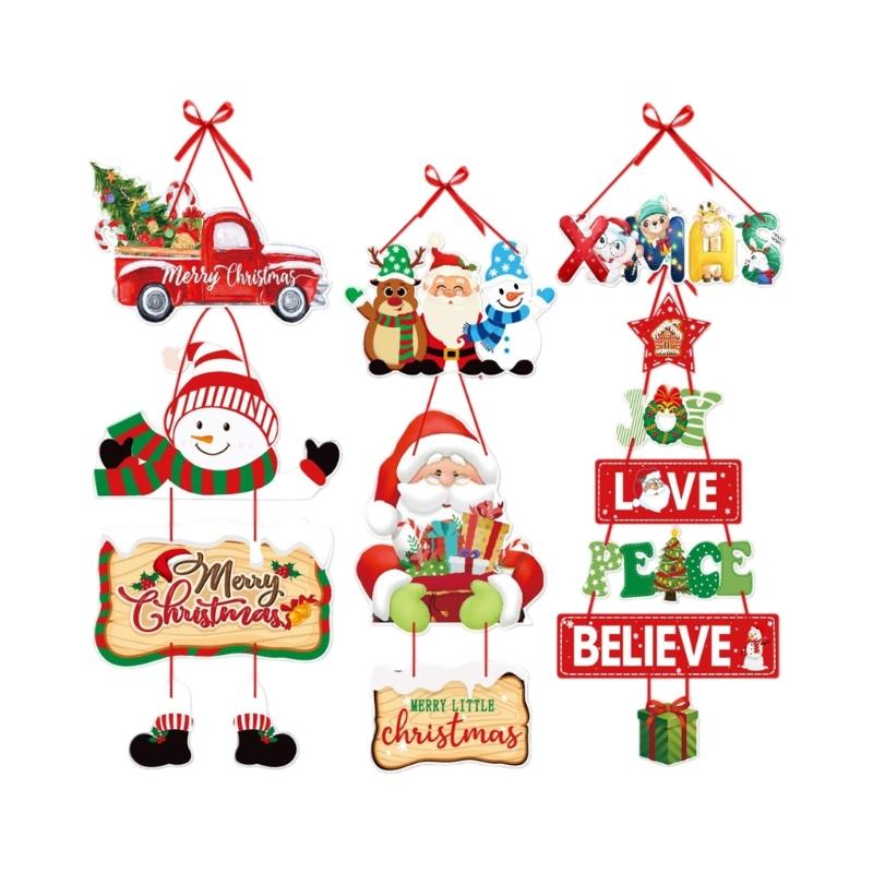 6 Set of Assorted Paper Christmas Door Hanging Decorations with Hanging Ribbons and Santa, Truck, Holiday Characters, and Sign Motifs