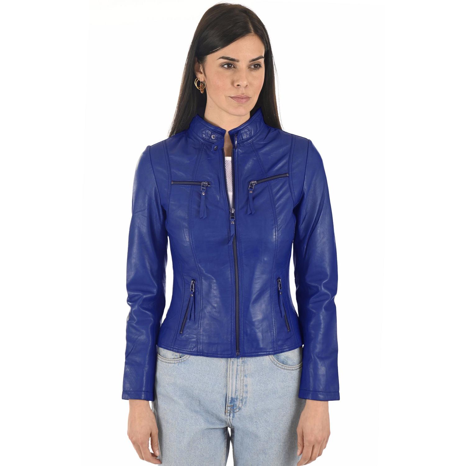 

SKINOUTFIT Women s Real Lambskin Napa Leather Blue Biker Jacket Stylish Slim Fit Moto Coat M синій