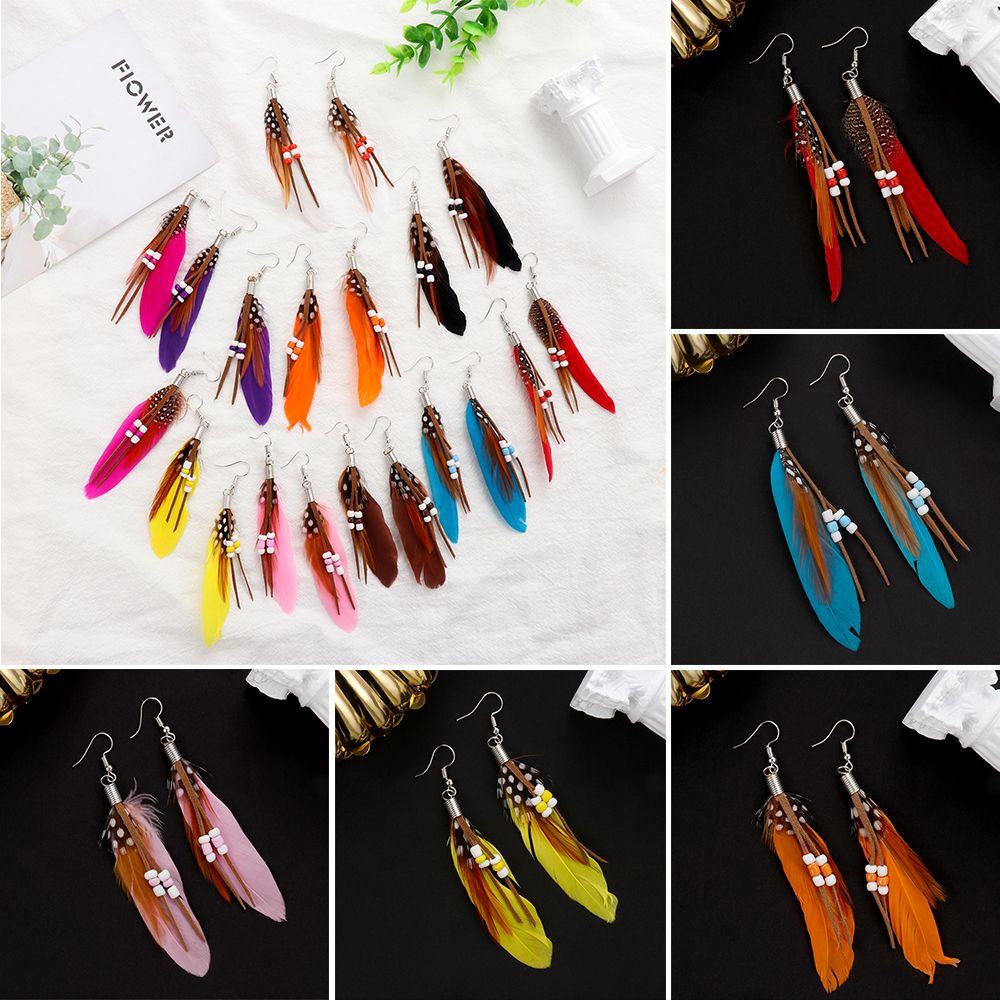 Nové Vintage Etnické Boho Zlaté Stříbrné Duhové Korálky Pírko Visací Náušnice