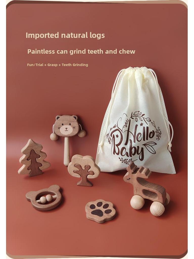 Conjunto de presente de urso de algodão orgânico com brinquedo de madeira em mala – presente unissex de primavera para o inverno