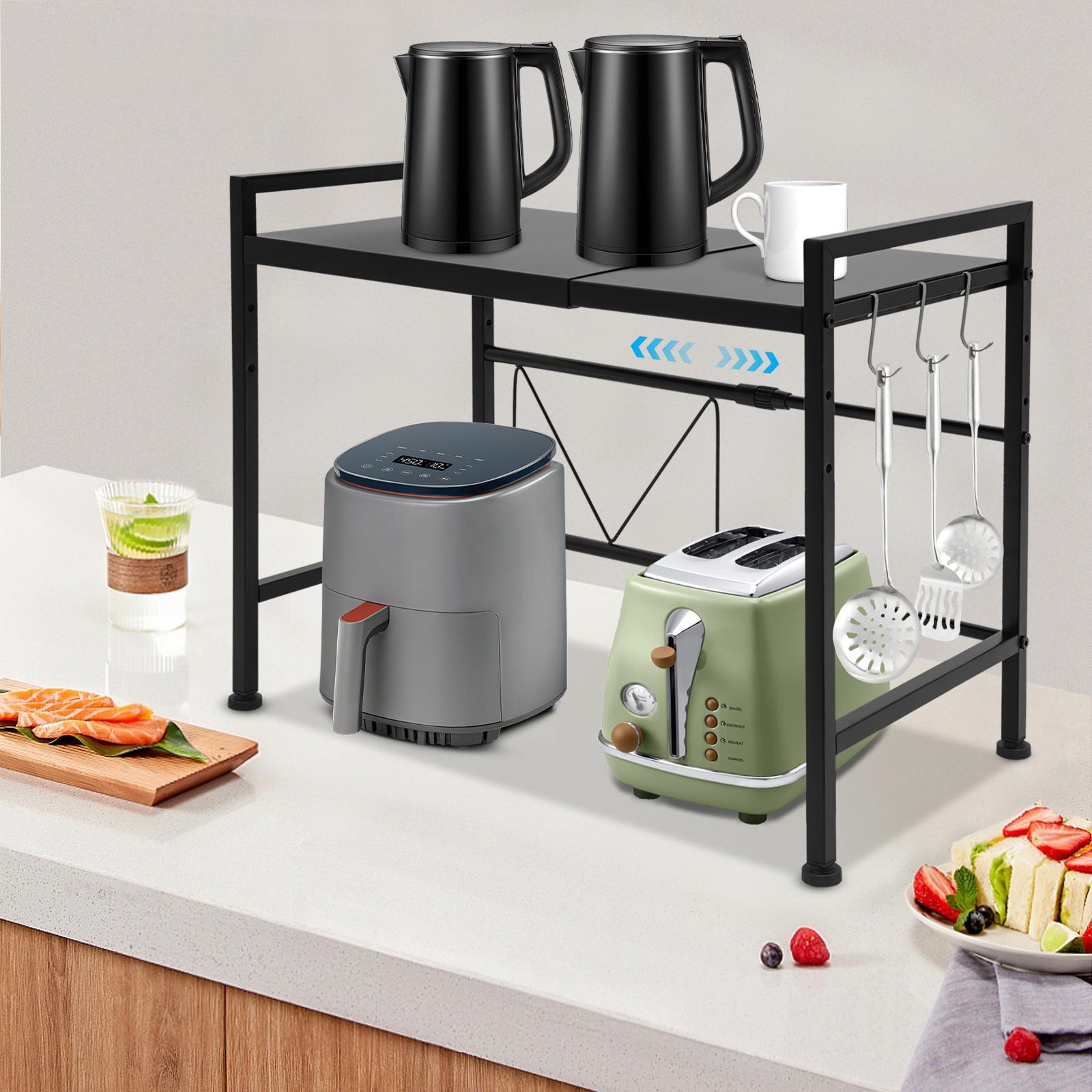 

2-ярусная микроволновая полка из углеродистой стали, черная H-образная подставка для микроволновой печи 40-65 см с 3 крючками для хранения кухонной утвари, принадлежностей 2-tier чёрный