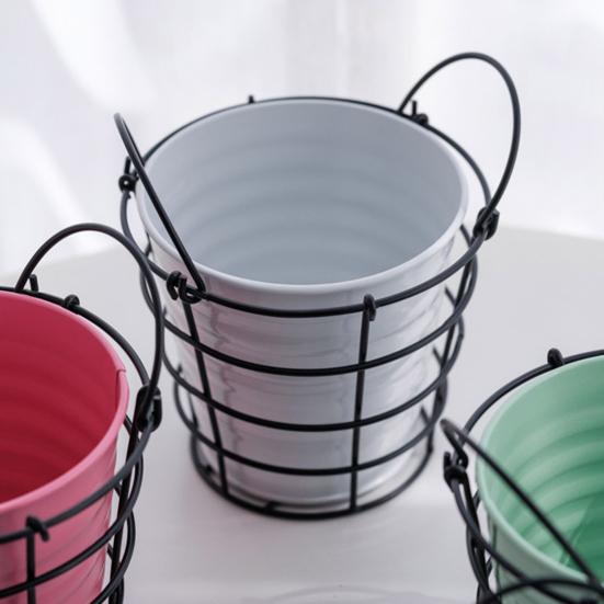 Storage Bucket with Iron Frame Hanging Planter Basket Balcony Flower Pot Hanger Home Decoration Vase with Handle for Living Room Courtyard