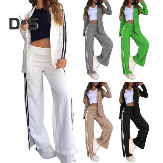 2 Pcs/Set Lady Formal Coat Pants Set Turn-down Collar Long Sleeves Jacket Loose Striped Wide Leg Trousers Casual Daily Wear Commuting Outfit