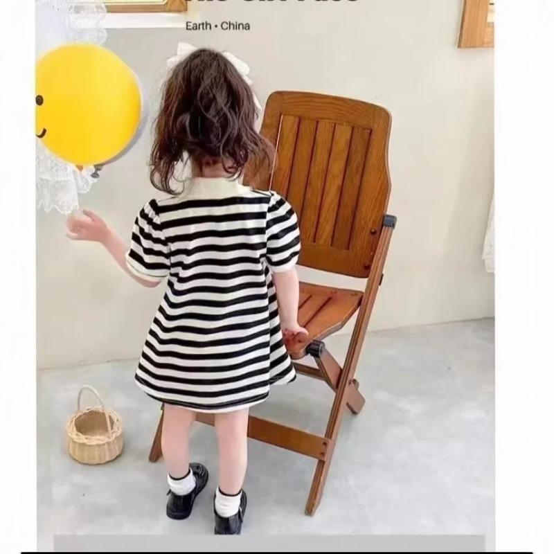 Children's Dress Girls' Summer Korean Edition Striped Strawberry Lapel Casual Dresses