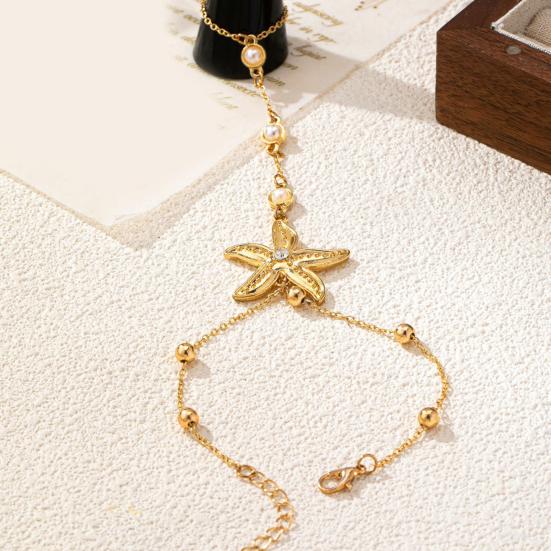 Starfish Charm Hand Chain Bracelet for Women, Adjustable Faux Pearl Finger Ring Bracelet, Non Tarnish Golden-Plated Chain Bracelet Jewelry