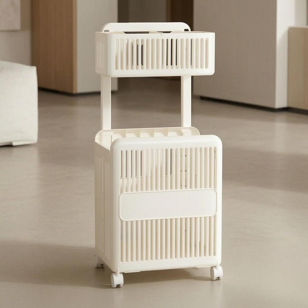 Slatted Laundry Storage Basket with Divider Standing Folding Two-Tier