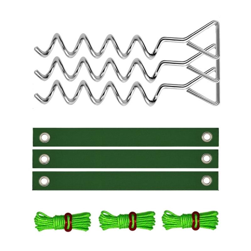 Ground Use Set for Tree Care and Yard Securing, 3 Metal with Soft Ties and Cord Pieces for Tent and Home Use